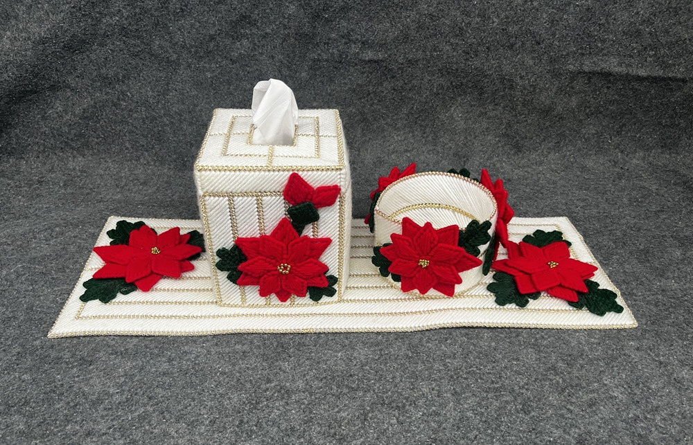 Vintage Plastic Canvas Christmas Poinsettia Tissue Box Cover Runner 3 piece Set